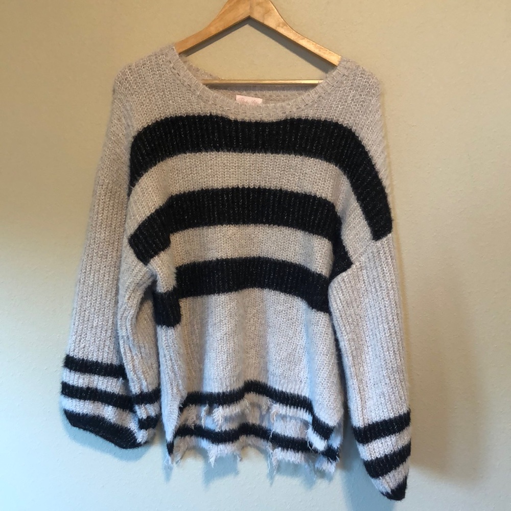 Pink Lily Cream and Black Striped Scoop Neck Sweater